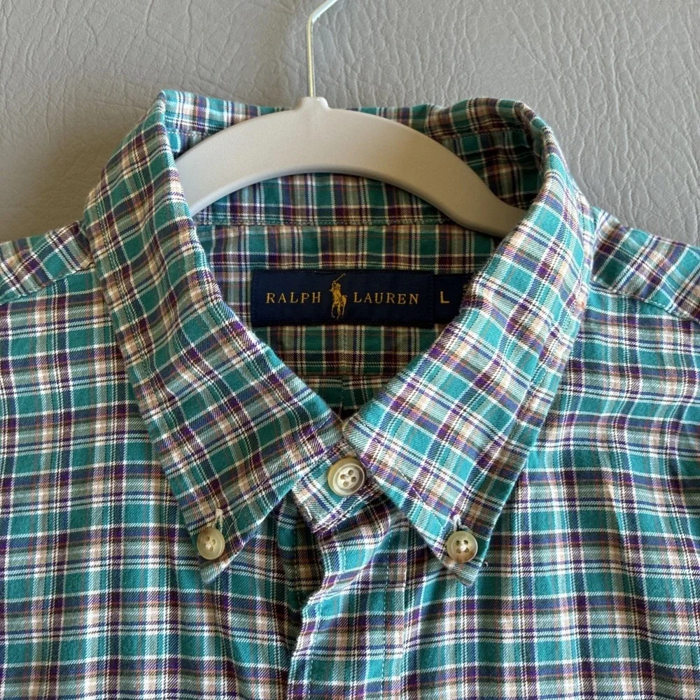 Ralph Lauren Button Down Plaid Green Blue Check Men's Size L 46 chest